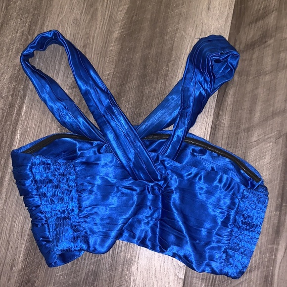 Zara Royal Blue Satin Pleated Halter Crop Top - Picture 4 of 6